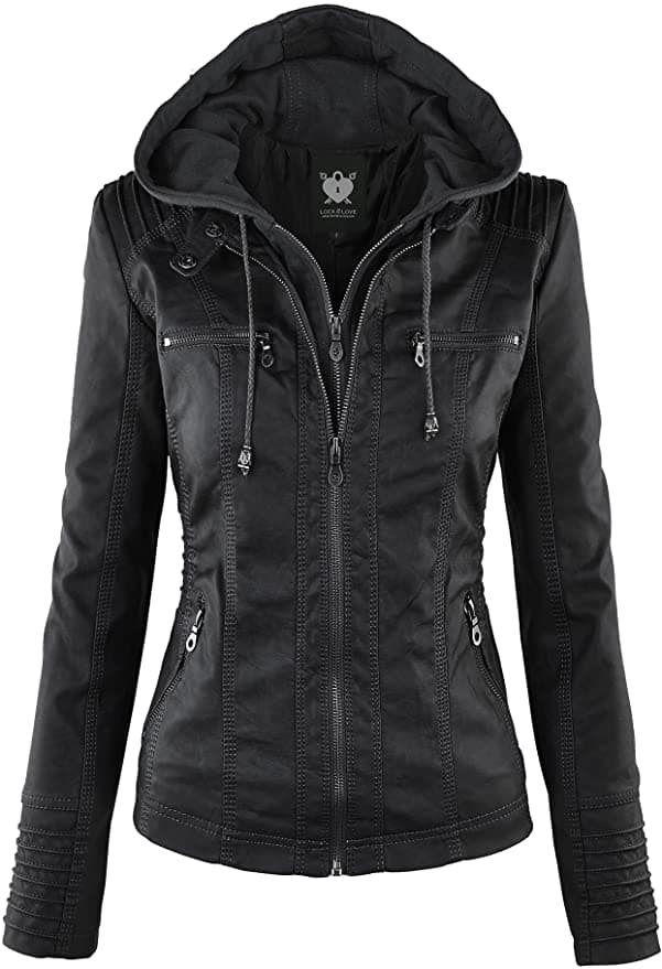 imagem Lock and Love Women's Removable Hooded Faux Leather Moto Biker Jacket